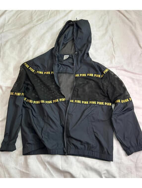 PINK Victoria's Secret Black & Gold Logo Mesh Hooded Windbreaker Jacket M